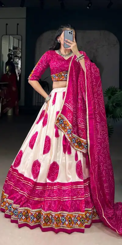 LNB 1736 Pink Color Tasar Silk Bandhej Print And Gamthi Work Lehenga Choli Wedding, Party, Festive, Events Etc. Delivery 4-6 Working Days Rs 3499 | Creative Lehenga, Bollywood Lehenga, Designer Lehenga, Embroidered Lehenga, Lehenga, Party Wear Lehenga