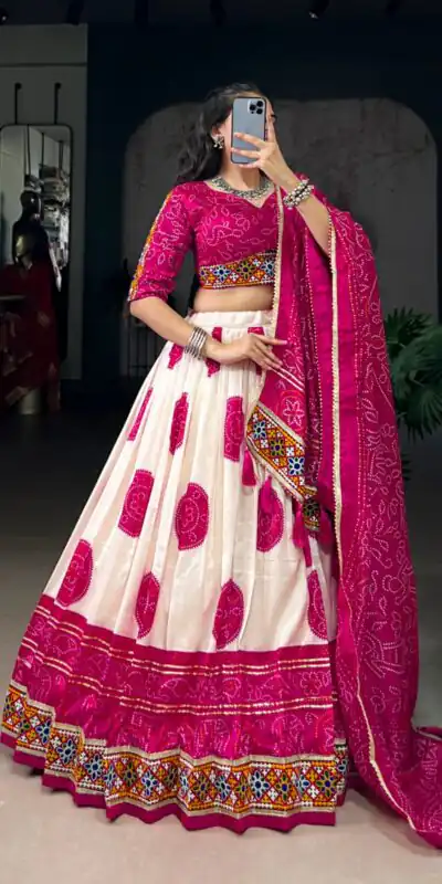 LNB 1736 Pink Color Tasar Silk Bandhej Print And Gamthi Work Lehenga Choli Wedding, Party, Festive, Events Etc. Delivery 4-6 Working Days Rs 3499 | Creative Lehenga, Bollywood Lehenga, Designer Lehenga, Embroidered Lehenga, Lehenga, Party Wear Lehenga