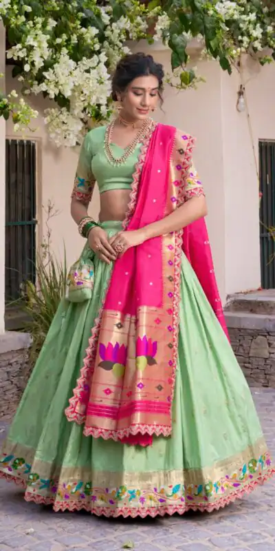 LNB 2014 Pista Color Jacquard Silk Zari Work Sequins Thread Embroidery Lehenga Choli Wedding, Party, Festive, Events Etc. Delivery 4-6 Working Days Rs 3749 | Creative Lehenga, Bollywood Lehenga, Designer Lehenga, Embroidered Lehenga, Lehenga, Party Wear Lehenga