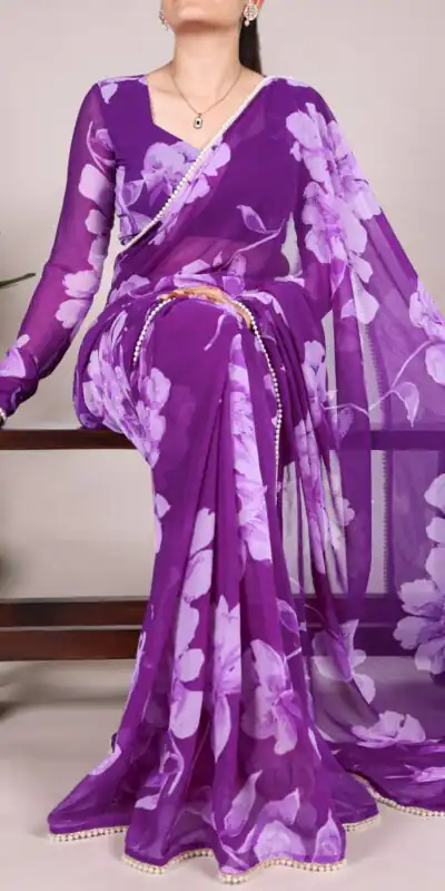 YNF 7011 Purple Color Chiffon Foral Printed Pearl Lace Border Saree Casual, Wedding, Festive, Events . Expected Delivery  4-6 Working Days @1499/- only                                                                                | Embroidered Sarees, Bollywood Sarees, Creative Sarees, Designer Sarees, Ethnic Saree, Modern Digital sarees, Party Wear Sarees, Sarees