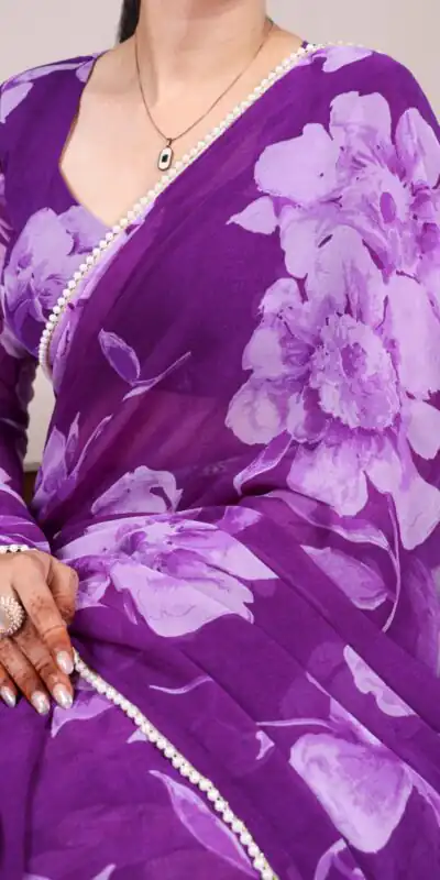 YNF 7011 Purple Color Chiffon Foral Printed Pearl Lace Border Saree Casual, Wedding, Festive, Events . Expected Delivery  4-6 Working Days @1499/- only                                                                                | Embroidered Sarees, Bollywood Sarees, Creative Sarees, Designer Sarees, Ethnic Saree, Modern Digital sarees, Party Wear Sarees, Sarees