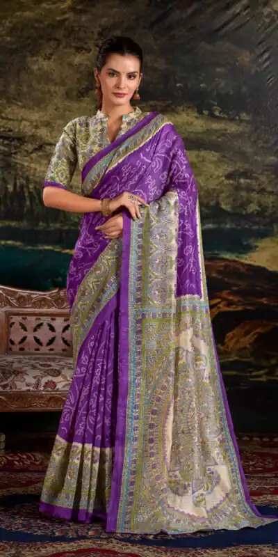 YNF 7209 purple Color Green Silk Fusion Print Madhubani Bandhej Saree Casual, Wedding, Festive, Events . Expected Delivery 4-6 Working Days @1499/- only | Creative Sarees, Embroidered Sarees, Bollywood Sarees, Designer Sarees, Ethnic Saree, Modern Digital sarees, Party Wear Sarees, Sarees