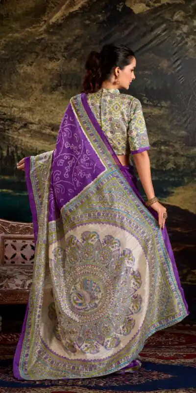 YNF 7209 purple Color Green Silk Fusion Print Madhubani Bandhej Saree Casual, Wedding, Festive, Events . Expected Delivery 4-6 Working Days @1499/- only | Creative Sarees, Embroidered Sarees, Bollywood Sarees, Designer Sarees, Ethnic Saree, Modern Digital sarees, Party Wear Sarees, Sarees