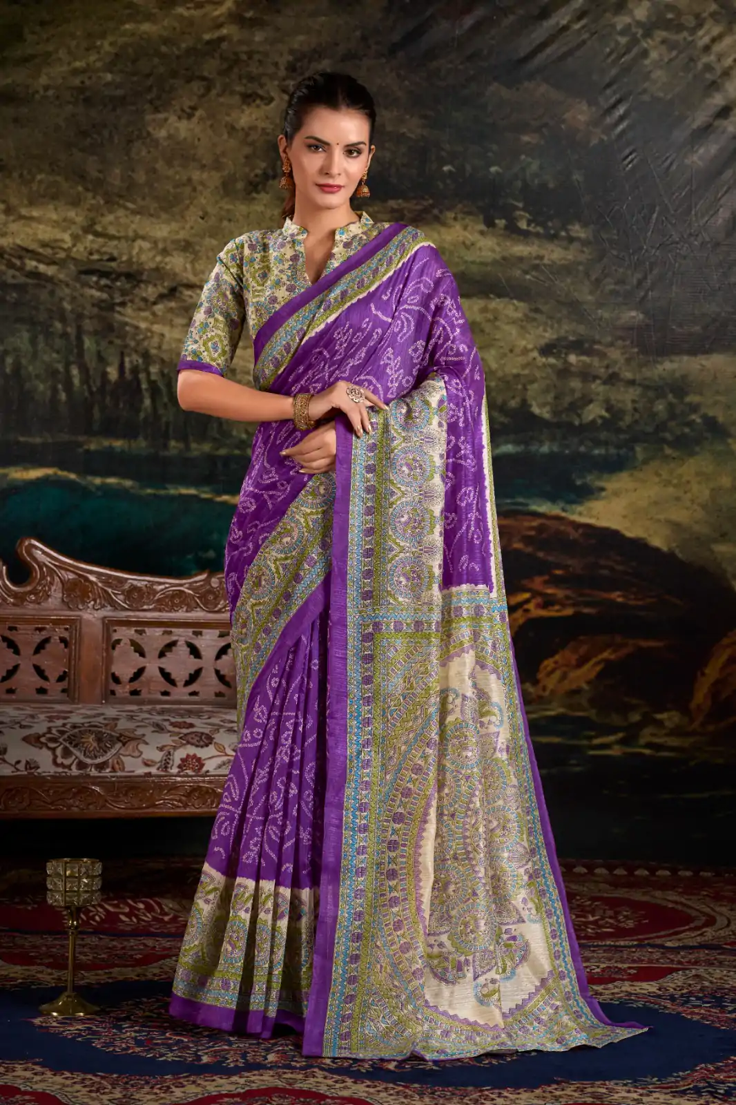 YNF 7209 purple Color Green Silk Fusion Print Madhubani Bandhej Saree Casual, Wedding, Festive, Events . Expected Delivery  4-6 Working Days @1499/- only                                                                                | Creative Sarees, Embroidered Sarees, Bollywood Sarees, Designer Sarees, Ethnic Saree, Modern Digital sarees, Party Wear Sarees, Sarees