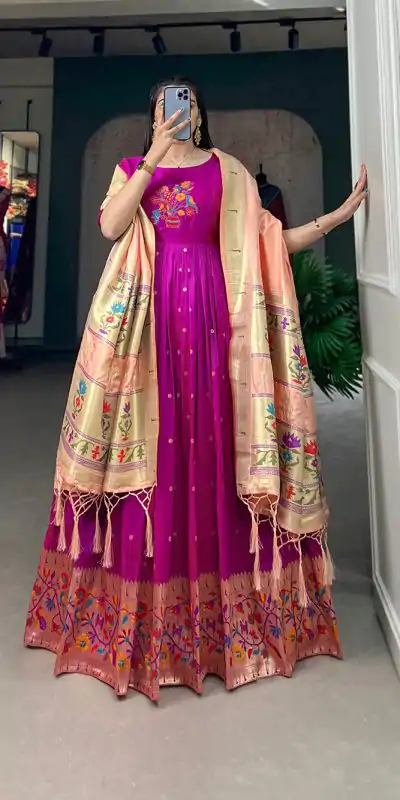 YNF 5302 Purple Color Jacquard Silk Paithani Designer Gown Casual, Wedding Festive, Events, Designer Party Wear Expected Delivery 4-6 Working Days @2549 | Bollywood Gowns, Creative Gowns, Designer Gowns, Embroidered Gowns, Gowns, Party Wear Gowns