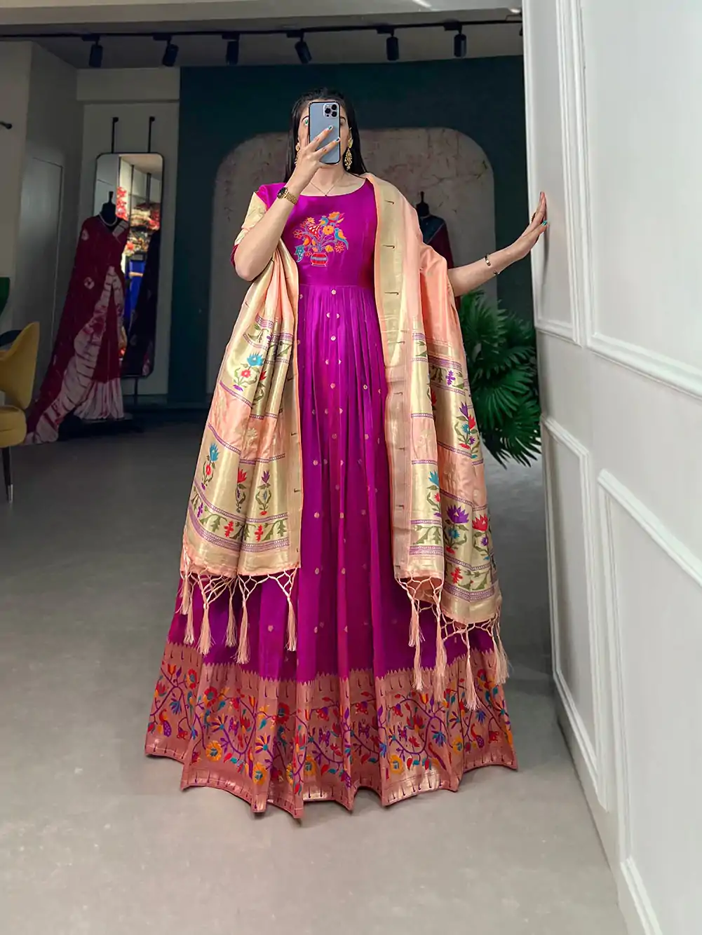YNF 5302 Purple Color Jacquard Silk Paithani Designer Gown Casual, Wedding Festive, Events, Designer Party Wear Expected Delivery 4-6 Working Days @2549 | Bollywood Gowns, Creative Gowns, Designer Gowns, Embroidered Gowns, Gowns, Party Wear Gowns