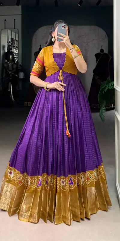 YNF 5028 Purple Color Tasar Chex Patola With Weaving Work Border Gown Casual, Wedding, Festive, Events . Expected Delivery  4-6 Working Days @1799/- only      | Bollywood Gowns, Creative Gowns, Designer Gowns, Embroidered Gowns, Gowns, Party Wear Gowns