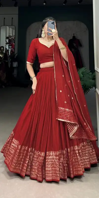 LNB 1906 Red Color Pure Chanderi Plain With Zari Weaving Work Border Lehenga Choli Wedding, Party, Festive, Events Etc. Delivery 4-6 Working Days Rs 1999 | Creative Lehenga, Bollywood Lehenga, Designer Lehenga, Embroidered Lehenga, Lehenga, Party Wear Lehenga