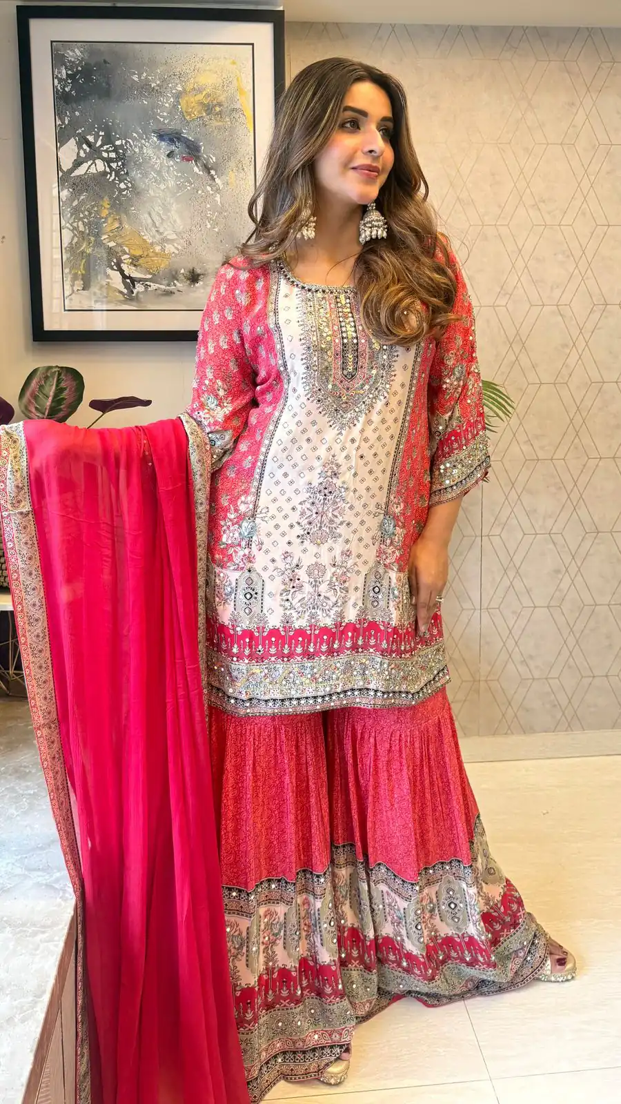 BE 387 Red Color Chinon Printed With Real Mirror Work Salwar Suit Casual, Wedding, Festive, Events . Expected Delivery  4-6 Working Days @1899/- only      | Casual Suits, Jump Suits, Creative suits, Designer Suits, Palazzo Suits, Party Wear Suits, Patiala Suits, Salwar suit, Straight Suits