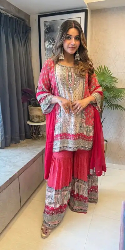 BE 387 Red Color Chinon Printed With Real Mirror Work Salwar Suit Casual, Wedding, Festive, Events . Expected Delivery  4-6 Working Days @1899/- only      | Casual Suits, Jump Suits, Creative suits, Designer Suits, Palazzo Suits, Party Wear Suits, Patiala Suits, Salwar suit, Straight Suits