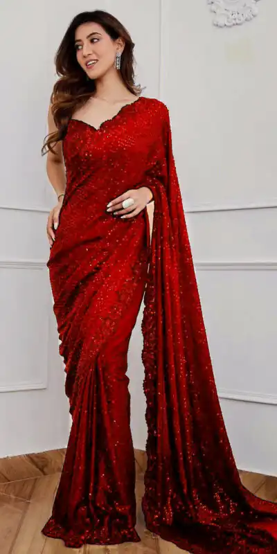 DF 3312 Red Color Faux Georgette 5mm Sequence Embroidery Work Saree Casual, Wedding, Festive, Events . Expected Delivery  4-6 Working Days @1899/- only                                                 | Embroidered Sarees, Bollywood Sarees, Creative Sarees, Designer Sarees, Ethnic Saree, Modern Digital sarees, Party Wear Sarees, Sarees