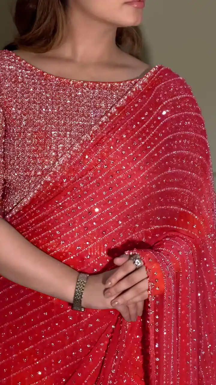 YNF 3452 -DF 3452 Red Color Georgette Sequins Multy Embroidery Work Saree Casual, Wedding, Festive, Events . Expected Delivery  4-6 Working Days @1799/- only                                                                                | Creative Sarees, Embroidered Sarees, Bollywood Sarees, Designer Sarees, Ethnic Saree, Modern Digital sarees, Party Wear Sarees, Sarees