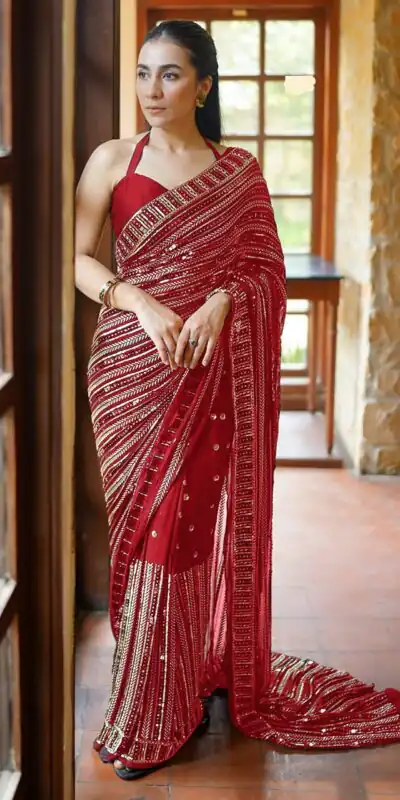 DF 3451 Red Color Faux Georgette 5mm Sequence Embroidery Work Saree Casual, Wedding, Festive, Events . Expected Delivery  4-6 Working Days @1799/- only                                                 | Embroidered Sarees, Bollywood Sarees, Creative Sarees, Designer Sarees, Ethnic Saree, Modern Digital sarees, Party Wear Sarees, Sarees