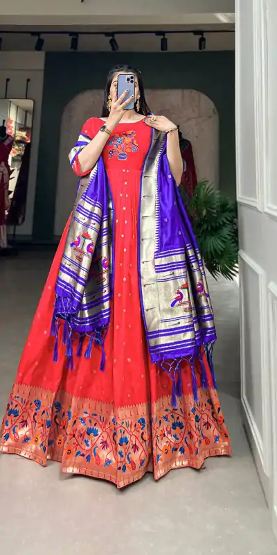 YNF5302 Red Color Jacquard Silk Paithani Zari Designer Gown Casual, Wedding, Festive, Events, Designer Party Wear, Expected Delivery 4-6 Working Days @2549 | Bollywood Gowns, Creative Gowns, Designer Gowns, Embroidered Gowns, Gowns, Party Wear Gowns