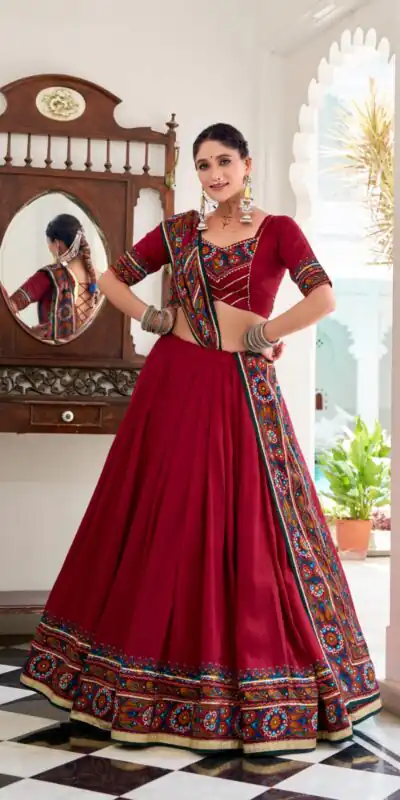 LNB 1243 Red Color Tasar Silk Gamthi Print Embossed Gotta Patti Lace Lehenga Choli Festive Party Wedding, Events etc. Delivery 4-6 Working Days @2999/- | Bollywood Lehenga, Creative Lehenga, Designer Lehenga, Embroidered Lehenga, Lehenga, Party Wear Lehenga