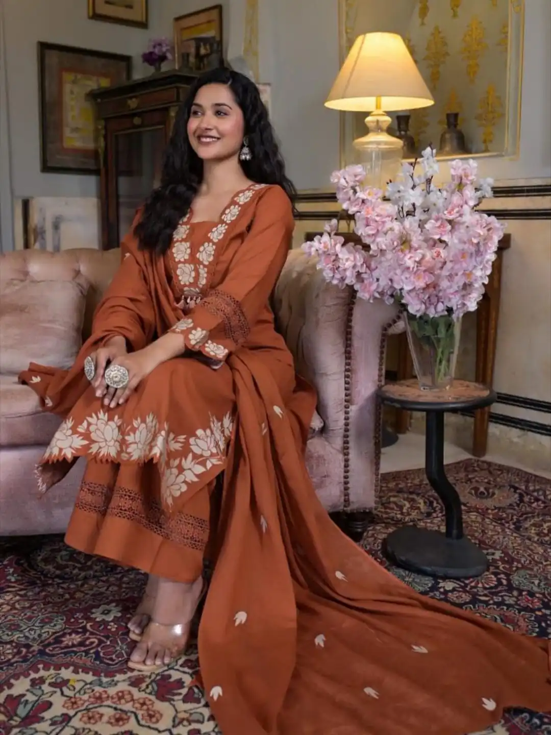 BE 385 Rust Color Rayon Slub Cotton Embroidery Wor Salwar Suit Casual, Wedding, Festive, Events . Expected Delivery  4-6 Working Days @1899/- only      | Casual Suits, Jump Suits, Creative suits, Designer Suits, Palazzo Suits, Party Wear Suits, Patiala Suits, Salwar suit, Straight Suits