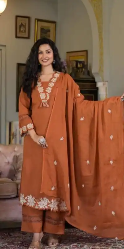 BE 385 Rust Color Rayon Slub Cotton Embroidery Wor Salwar Suit Casual, Wedding, Festive, Events . Expected Delivery  4-6 Working Days @1899/- only      | Casual Suits, Jump Suits, Creative suits, Designer Suits, Palazzo Suits, Party Wear Suits, Patiala Suits, Salwar suit, Straight Suits