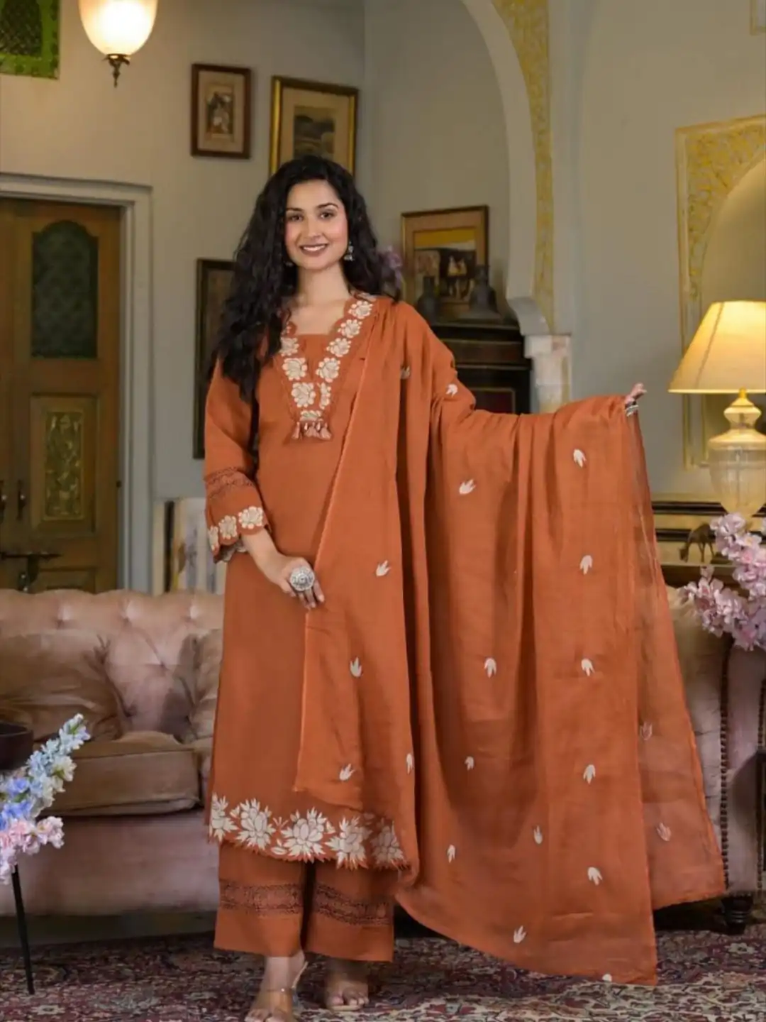 BE 385 Rust Color Rayon Slub Cotton Embroidery Wor Salwar Suit Casual, Wedding, Festive, Events . Expected Delivery  4-6 Working Days @1899/- only      | Casual Suits, Jump Suits, Creative suits, Designer Suits, Palazzo Suits, Party Wear Suits, Patiala Suits, Salwar suit, Straight Suits