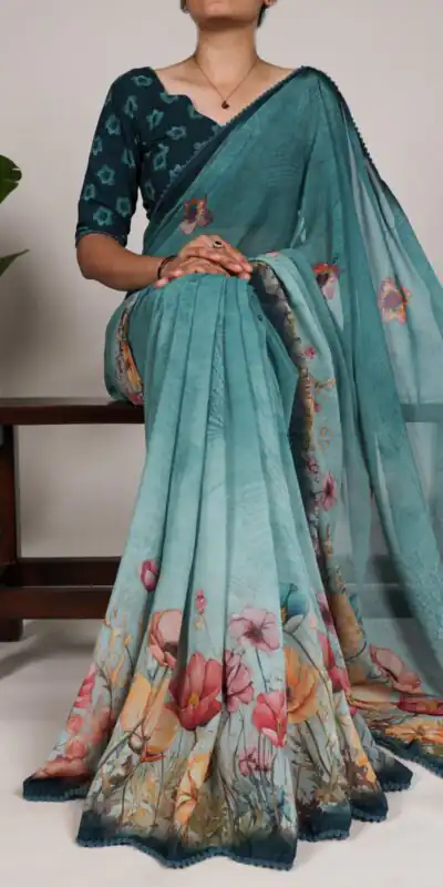 YNF 7009 Teal Color Georgette Floral Print With Lace Border Saree Casual, Wedding, Festive, Events . Expected Delivery  4-6 Working Days @1299/- only                                                                                | Embroidered Sarees, Bollywood Sarees, Creative Sarees, Designer Sarees, Ethnic Saree, Modern Digital sarees, Party Wear Sarees, Sarees