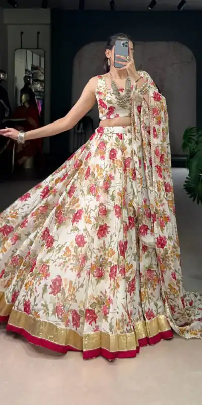 LNB 1672 White Color Chiffon Floral Print Foil Print Embossed Design Lehenga Choli Wedding, Party, Festive, Events Etc. Delivery 4-6 Working Days Rs 3499 | Creative Lehenga, Bollywood Lehenga, Designer Lehenga, Embroidered Lehenga, Lehenga, Party Wear Lehenga