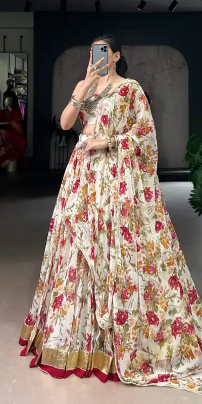 LNB 1672 White Color Chiffon Floral Print Foil Print Embossed Design Lehenga Choli Wedding, Party, Festive, Events Etc. Delivery 4-6 Working Days Rs 3499 | Creative Lehenga, Bollywood Lehenga, Designer Lehenga, Embroidered Lehenga, Lehenga, Party Wear Lehenga