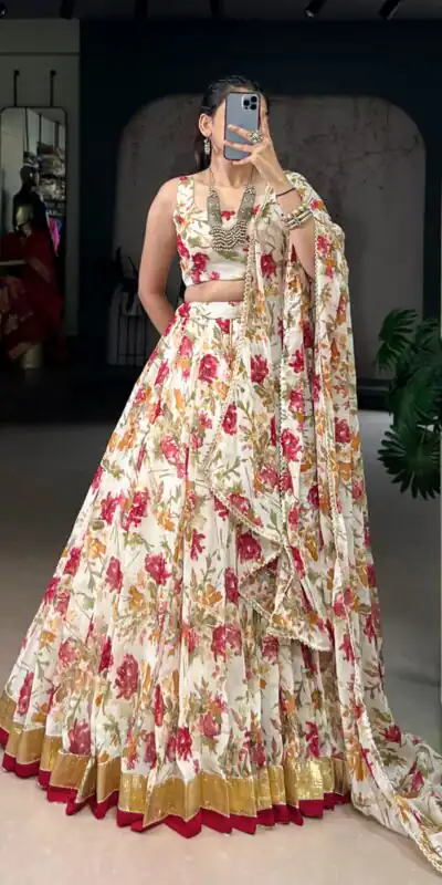 LNB 1672 White Color Chiffon Floral Print Foil Print Embossed Design Lehenga Choli Wedding, Party, Festive, Events Etc. Delivery 4-6 Working Days Rs 3499 | Creative Lehenga, Bollywood Lehenga, Designer Lehenga, Embroidered Lehenga, Lehenga, Party Wear Lehenga