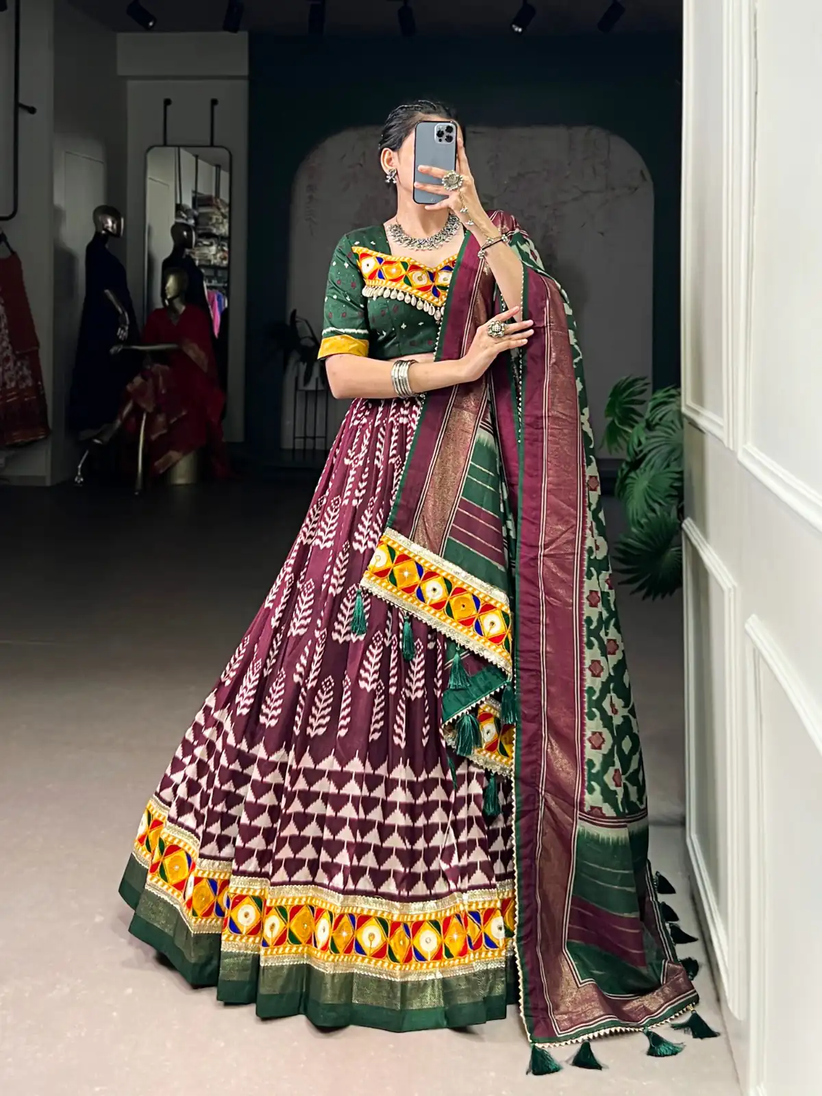 LNB 1732 Wine Color Tasar Silk Print Foil Work Real Mirror Gamthi Work Lehenga Choli Wedding, Party, Festive, Events Etc. Delivery 4-6 Working Days Rs 2999 | Bollywood Lehenga, Creative Lehenga, Designer Lehenga, Embroidered Lehenga, Lehenga, Party Wear Lehenga