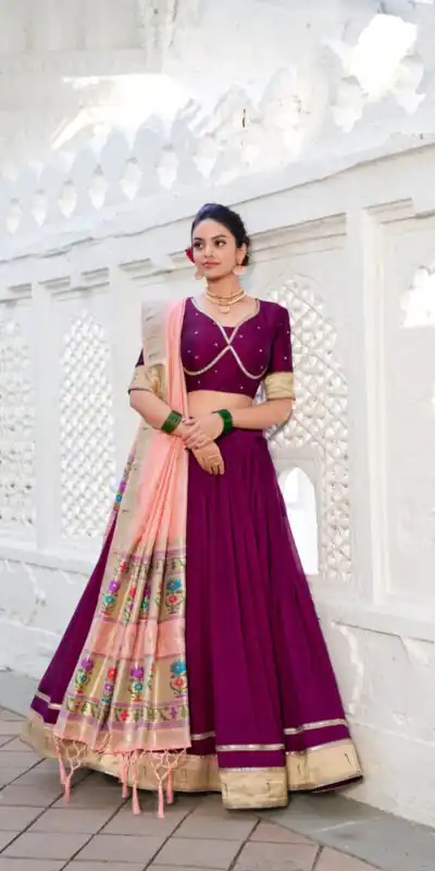 LNB 2016 Wine Color Vichitra Silk Plain with Paithni lace border Lehenga Choli Wedding, Party, Festive, Events Etc. Delivery 4-6 Working Days Rs 2999 | Bollywood Lehenga, Creative Lehenga, Designer Lehenga, Embroidered Lehenga, Lehenga, Party Wear Lehenga