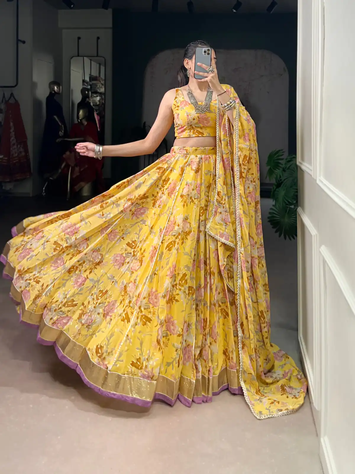 LNB 1672 Yellow Color Chiffon Floral Print Foil Print Embossed Design Lehenga Choli Wedding, Party, Festive, Events Etc. Delivery 4-6 Working Days Rs 3099 | Creative Lehenga, Bollywood Lehenga, Designer Lehenga, Embroidered Lehenga, Lehenga, Party Wear Lehenga