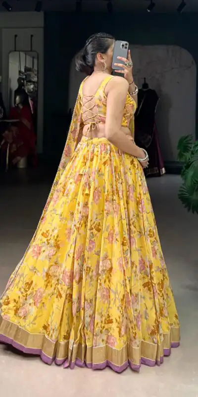 LNB 1672 Yellow Color Chiffon Floral Print Foil Print Embossed Design Lehenga Choli Wedding, Party, Festive, Events Etc. Delivery 4-6 Working Days Rs 3099 | Creative Lehenga, Bollywood Lehenga, Designer Lehenga, Embroidered Lehenga, Lehenga, Party Wear Lehenga