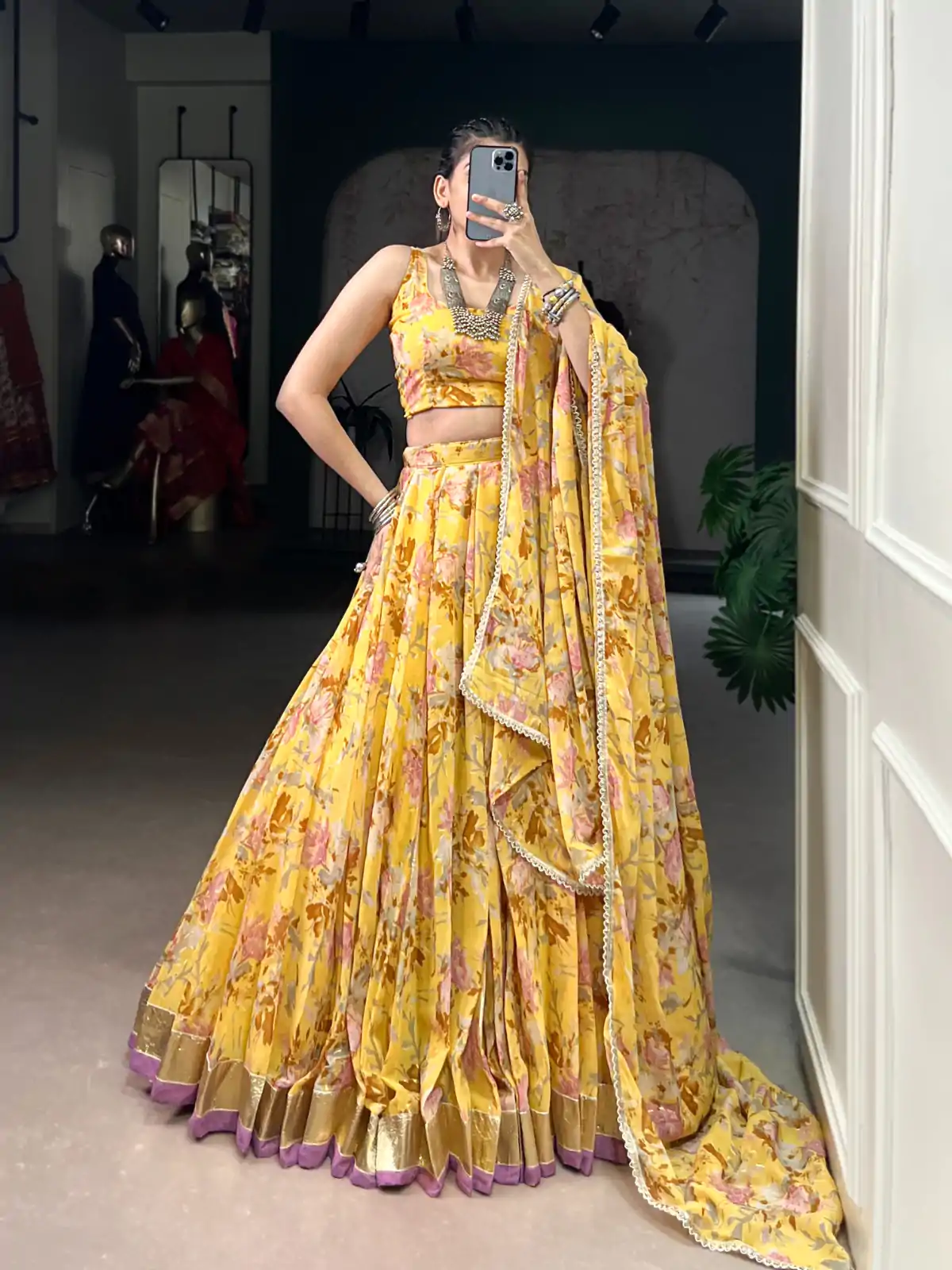 LNB 1672 Yellow Color Chiffon Floral Print Foil Print Embossed Design Lehenga Choli Wedding, Party, Festive, Events Etc. Delivery 4-6 Working Days Rs 3099 | Creative Lehenga, Bollywood Lehenga, Designer Lehenga, Embroidered Lehenga, Lehenga, Party Wear Lehenga