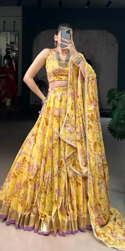 LNB 1672 Yellow Color Chiffon Floral Print Foil Print Embossed Design Lehenga Choli Wedding, Party, Festive, Events Etc. Delivery 4-6 Working Days Rs 3099 | Creative Lehenga, Bollywood Lehenga, Designer Lehenga, Embroidered Lehenga, Lehenga, Party Wear Lehenga