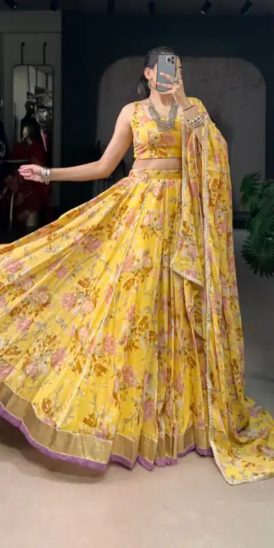 LNB 1672 Yellow Color Chiffon Floral Print Foil Print Embossed Design Lehenga Choli Wedding, Party, Festive, Events Etc. Delivery 4-6 Working Days Rs 3099 | Creative Lehenga, Bollywood Lehenga, Designer Lehenga, Embroidered Lehenga, Lehenga, Party Wear Lehenga