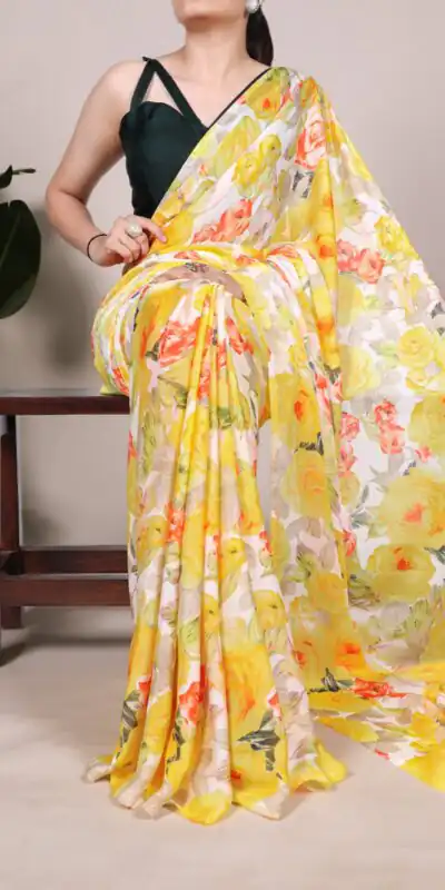 YNF 7017 Yellow Color Dull Satin Floral Printed Saree Casual, Wedding, Festive, Events . Expected Delivery  4-6 Working Days @1499/- only                                                                                | Embroidered Sarees, Bollywood Sarees, Creative Sarees, Designer Sarees, Ethnic Saree, Modern Digital sarees, Party Wear Sarees, Sarees