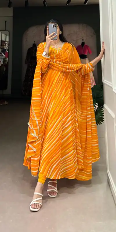 YNF 5026 Yellow Color Georgette Leheriya Georgette Lace Touch Up Gown Casual, Wedding, Festive, Events . Expected Delivery  4-6 Working Days @1649/- only      | Bollywood Gowns, Creative Gowns, Designer Gowns, Embroidered Gowns, Gowns, Party Wear Gowns