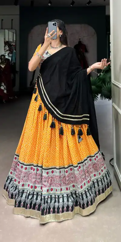 LNB 1712 Yellow Color Rayon Bandhej Ajarakh Print Embossed Gota Lace Lehenga Choli Wedding, Party, Festive, Events Etc. Delivery 4-6 Working Days Rs 1999 | Creative Lehenga, Bollywood Lehenga, Designer Lehenga, Embroidered Lehenga, Lehenga, Party Wear Lehenga