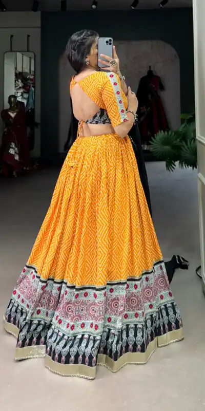 LNB 1712 Yellow Color Rayon Bandhej Ajarakh Print Embossed Gota Lace Lehenga Choli Wedding, Party, Festive, Events Etc. Delivery 4-6 Working Days Rs 1999 | Creative Lehenga, Bollywood Lehenga, Designer Lehenga, Embroidered Lehenga, Lehenga, Party Wear Lehenga