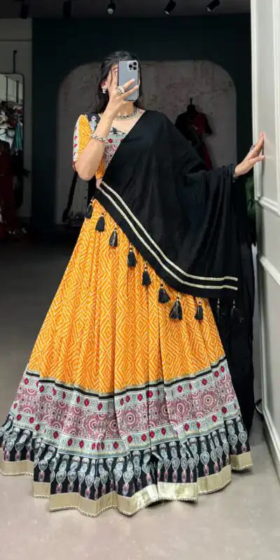 LNB 1712 Yellow Color Rayon Bandhej Ajarakh Print Embossed Gota Lace Lehenga Choli Wedding, Party, Festive, Events Etc. Delivery 4-6 Working Days Rs 1999 | Creative Lehenga, Bollywood Lehenga, Designer Lehenga, Embroidered Lehenga, Lehenga, Party Wear Lehenga