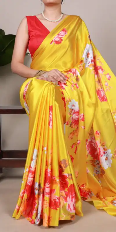 YNF 7054 Yellow Color Satin Silk Floral Printed Saree Casual, Wedding, Festive, Events . Expected Delivery  4-6 Working Days @1549/- only                                                                                | Embroidered Sarees, Bollywood Sarees, Creative Sarees, Designer Sarees, Ethnic Saree, Modern Digital sarees, Party Wear Sarees, Sarees