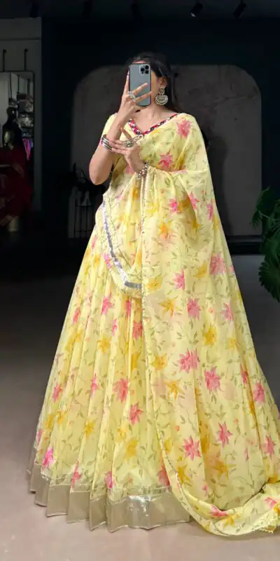 LNB 1716 Yellow Color Tabby Silk Floral Print Embossed Design Lace Lehenga Choli Wedding, Party, Festive, Events Etc. Delivery 4-6 Working Days Rs 2499 | Creative Lehenga, Bollywood Lehenga, Designer Lehenga, Embroidered Lehenga, Lehenga, Party Wear Lehenga