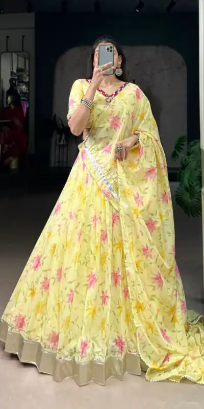 LNB 1716 Yellow Color Tabby Silk Floral Print Embossed Design Lace Lehenga Choli Wedding, Party, Festive, Events Etc. Delivery 4-6 Working Days Rs 2499 | Creative Lehenga, Bollywood Lehenga, Designer Lehenga, Embroidered Lehenga, Lehenga, Party Wear Lehenga