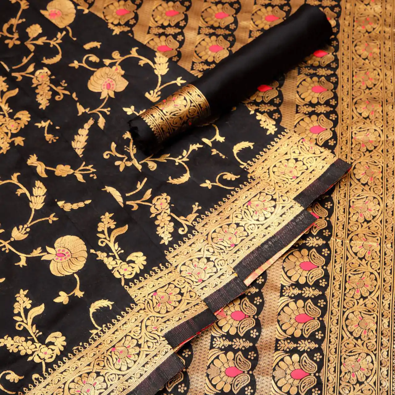 KP 1029 Black Soft Banarsari Silk Saree Perfect for Wedding, Party, Lohri, Eid, Reception – . Available at ₹1549 only. Delivery 4-6 Working | Creative Sarees, Embroidered Sarees, Bollywood Sarees, Designer Sarees, Ethnic Saree, Modern Digital sarees, Party Wear Sarees, Sarees