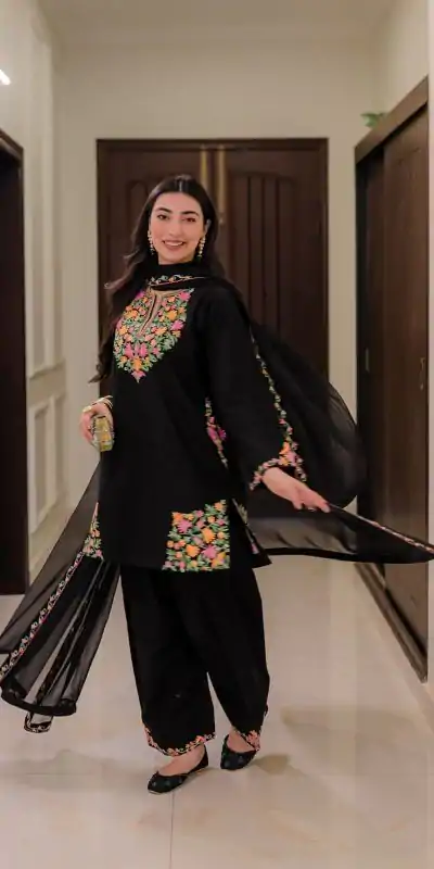 BE 402 Black in Crape Silk Embroidery Work Salwar Suit . Wedding, Party, Festive, Events, Grab it for ₹1999. Delivery 4-6 Working Days. Shop now. | Casual Suits, Jump Suits, Creative suits, Designer Suits, Palazzo Suits, Party Wear Suits, Patiala Suits, Salwar suit, Straight Suits