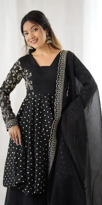 ZSR 3134 Black Crunchy Silk Salwar Suit Perfect for Wedding, Party, Sangeet, Anniversary, Housewarming Introductory Price ₹2399. Delivery 4-6 | Casual Suits, Jump Suits, Creative suits, Designer Suits, Palazzo Suits, Party Wear Suits, Patiala Suits, Salwar suit, Straight Suits