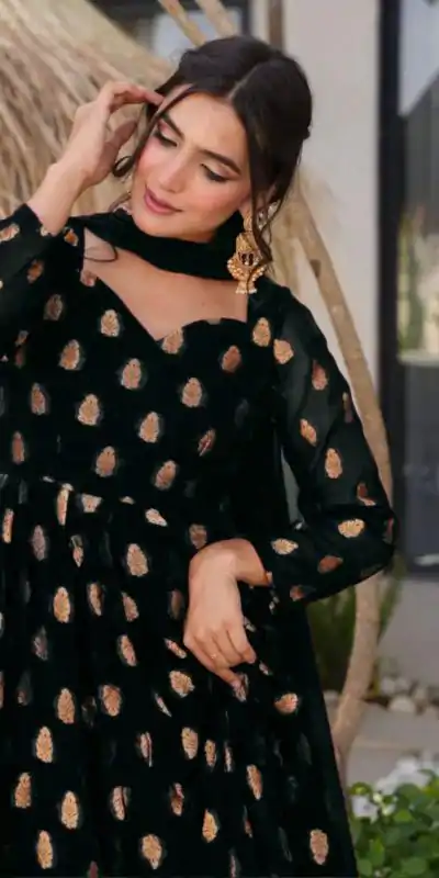 VLM 299 Black Faux Georgette With Embroidery Work Gown Perfect for Wedding, Party, Ethnic Day, Housewarming, Cultural Events At 2099/-Only | Bollywood Gowns, Creative Gowns, Designer Gowns, Embroidered Gowns, Gowns, Party Wear Gowns