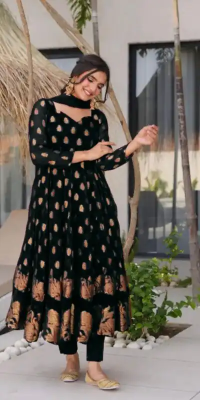 VLM 299 Black Faux Georgette With Embroidery Work Gown Perfect for Wedding, Party, Ethnic Day, Housewarming, Cultural Events At 2099/-Only | Bollywood Gowns, Creative Gowns, Designer Gowns, Embroidered Gowns, Gowns, Party Wear Gowns