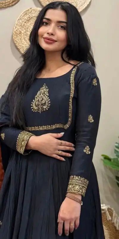 ZSR 3143 Black Heavy Fox Georgette With Embroidery Sequence Work Gown Perfect for Wedding, Party, Traditional Day, Diwali, Temple Visit At 1899 | Bollywood Gowns, Creative Gowns, Designer Gowns, Embroidered Gowns, Gowns, Party Wear Gowns