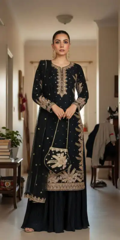KF 1705 Black Fuax Georgette With Embroidery Work Salwar Suit . Wedding, Party, Festive, Events, Deal ₹2049. Delivery 4-6 Working Days. Shop now. | Casual Suits, Jump Suits, Tops & Bottoms, Track Suits, Trendy Wear, Creative suits, Designer Suits, Palazzo Suits, Party Wear Suits, Patiala Suits, Salwar suit, Straight Suits