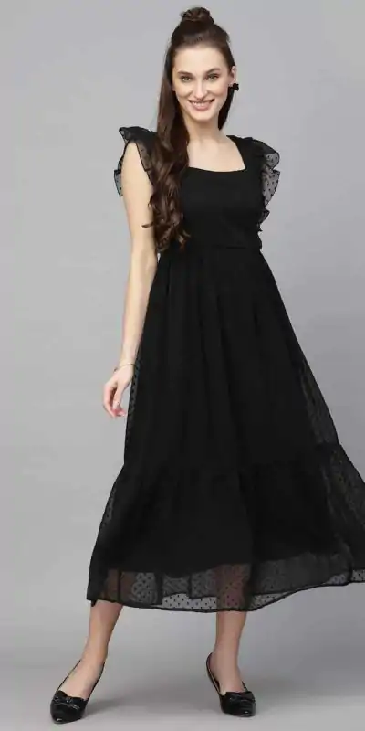 INLI Trendy Black in Georgette Butti Designer Gown . Wedding, Party, Festive Affordable Price ₹1399. Delivery 4-6 Working Days. Shop now. | Bollywood Gowns, Creative Gowns, Designer Gowns, Embroidered Gowns, Gowns, Party Wear Gowns