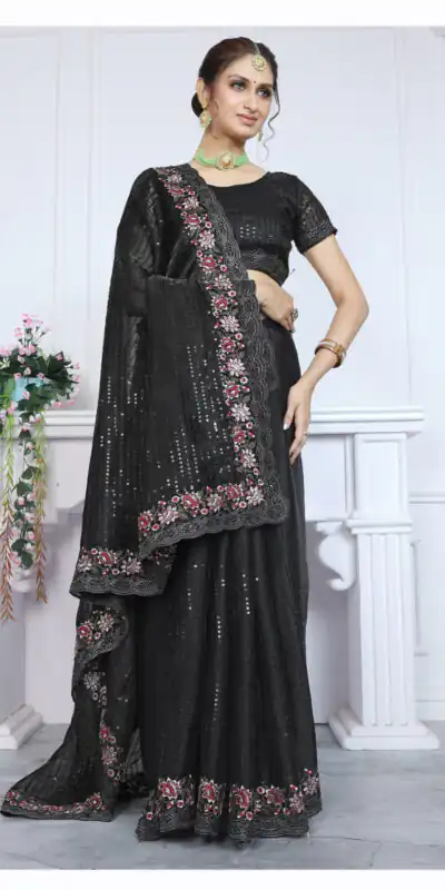 BT Sarangi Black Premium Jimmy cho Silk Saree with Embroidery Work & Zari Work. Exclusive Offer ₹2899. Delivery 4-6 Working Days. Shop now. | Embroidered Sarees, Bollywood Sarees, Creative Sarees, Designer Sarees, Ethnic Saree, Modern Digital sarees, Party Wear Sarees, Sarees